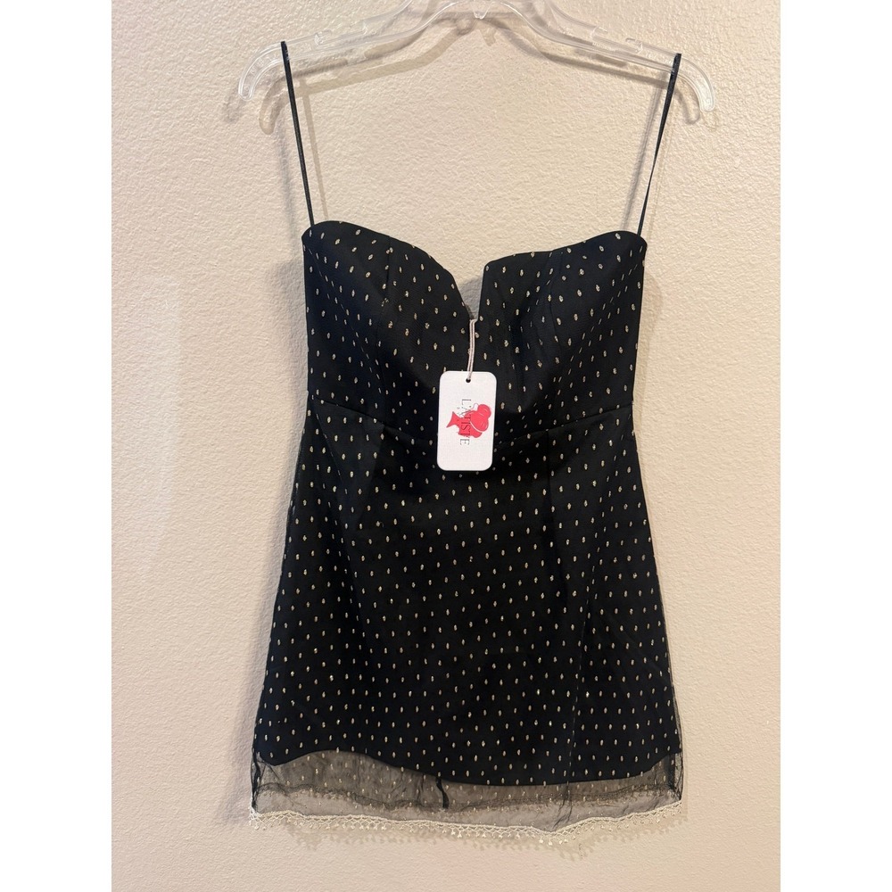 L'atiste Mini Dress Womens S Black Gold NWT Sweetheart Neck Polka Dot LD6866D